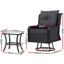 Gardeon 3PC Outdoor Furniture Bistro Set Lounge Wicker Swivel Chairs Table Cushion Black - Santas Workshop Direct 