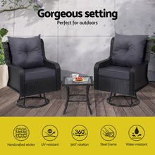 Gardeon 3PC Outdoor Furniture Bistro Set Lounge Wicker Swivel Chairs Table Cushion Black - Santas Workshop Direct 