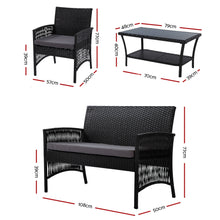 Gardeon 4PCS Outdoor Sofa Set Wicker Harp Chair Table Garden Furniture Black - Santas Workshop Direct 