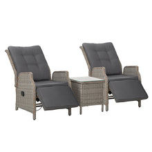 Gardeon 3PC Recliner Chairs Table Sun lounge Outdoor Furniture Wicker Adjustable Grey - Santas Workshop Direct 