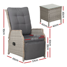 Gardeon 3PC Recliner Chairs Table Sun lounge Outdoor Furniture Wicker Adjustable Grey - Santas Workshop Direct 
