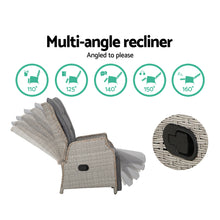 Gardeon 3PC Recliner Chairs Table Sun lounge Outdoor Furniture Wicker Adjustable Grey - Santas Workshop Direct 