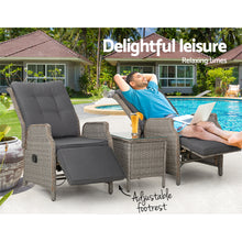 Gardeon 3PC Recliner Chairs Table Sun lounge Outdoor Furniture Wicker Adjustable Grey - Santas Workshop Direct 