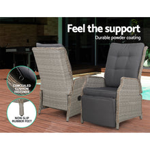 Gardeon 3PC Recliner Chairs Table Sun lounge Outdoor Furniture Wicker Adjustable Grey - Santas Workshop Direct 