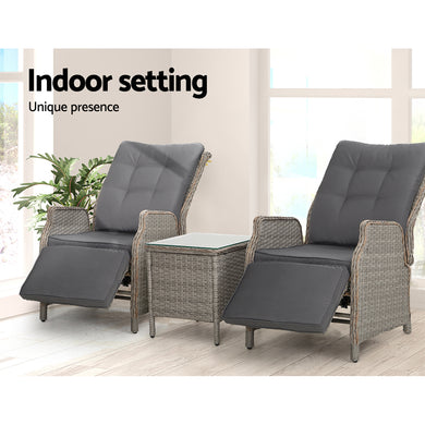 Gardeon 3PC Recliner Chairs Table Sun lounge Outdoor Furniture Wicker Adjustable Grey - Santas Workshop Direct 