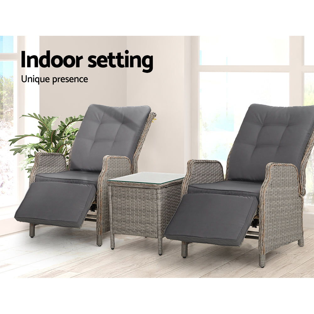 Gardeon 3PC Recliner Chairs Table Sun lounge Outdoor Furniture Wicker Adjustable Grey - Santas Workshop Direct 