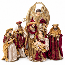 Luxury 60cm Handmade Christmas Nativity Set – Holy Family, 23.25" Gold Winged Angel & 17.75" Three Wise Men | Large Burgundy & Gold Religious Christmas Display