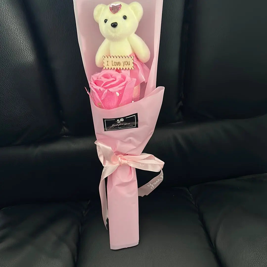 Pink Soap Bear Flower with teddy I love you Santas Workshop Direct