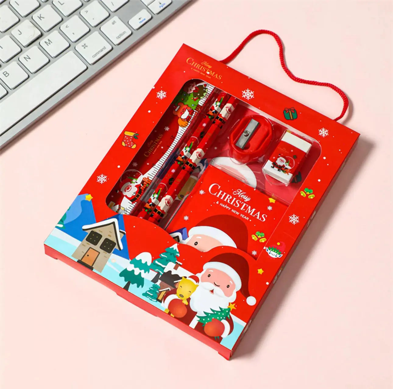 Christmas Red Children’s Stationery 6pcs set Pencil sharpener Eraser Ruler set gift for kids Santas Workshop Direct