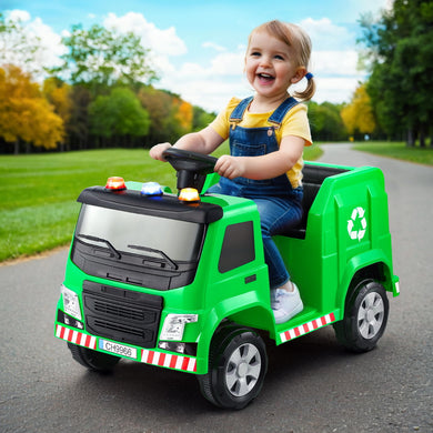 Rigo Kids Ride On Car Garbage Truck Police Light 12V Electric Toys Cars Green - Santas Workshop Direct 