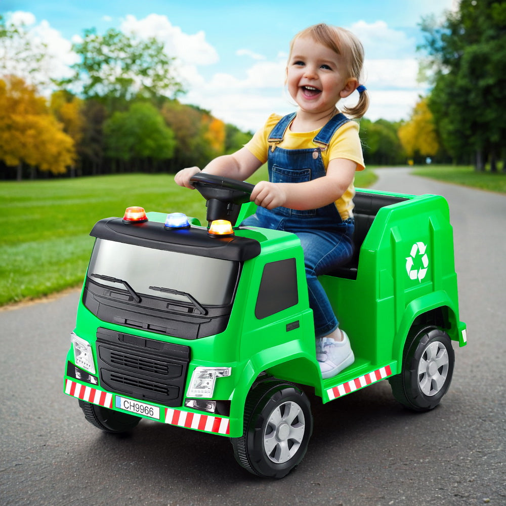 Rigo Kids Ride On Car Garbage Truck Police Light 12V Electric Toys Cars Green - Santas Workshop Direct 