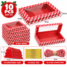 10PCS Red Christmas Window Bakery Boxes with Tags, Gold Ties & Rope – 18 × 13 × 2.8 cm Cookie and Treat Gift Boxes