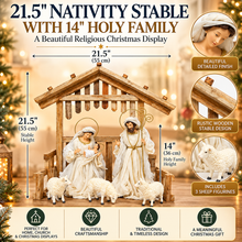 Large Christmas Nativity Set with 21.5" Stable, 14" Holy Family & 15.75" Three Wise Men – Religious Christmas Manger Scene, Home & Church Decoration