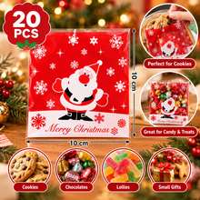 20PCS Christmas Santa Cookie & Candy Gift Bags 10×10cm – Red Snowflake Treat Bags for Cookies, Lollies & Party Favours