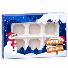 12PCS Blue Christmas Gift Boxes with 6 Compartments – 24 × 16 × 7.5cm Snowman Window Bakery Boxes for Cookies, Candy, Chocolates & Holiday Party Favours
