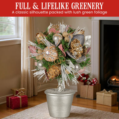 Christabelle 36cm Christmas Tabletop Topiary Tree Jewelled Baubles, Berries, Flowers and Pine Cones Festive Decoration - Santas Workshop Direct 