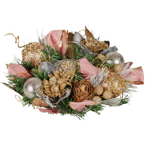 Christabelle 26cm Christmas Centrepiece Lush Green Holiday w/Jewelled Baubles, Foliage, Flowers, Pine Cones, Ribbon - Santas Workshop Direct 