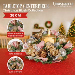 Christabelle 26cm Christmas Centrepiece Lush Green Holiday w/Jewelled Baubles, Foliage, Flowers, Pine Cones, Ribbon - Santas Workshop Direct 