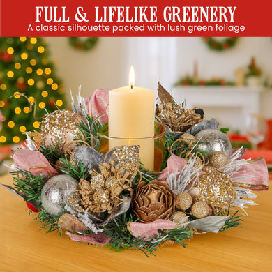 Christabelle 26cm Christmas Centrepiece Lush Green Holiday w/Jewelled Baubles, Foliage, Flowers, Pine Cones, Ribbon - Santas Workshop Direct 