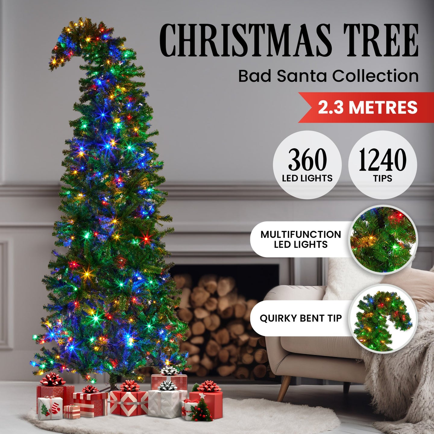 Christabelle Bad Santa 2.3m Curved Multicolour Pre-Lit Christmas Tree with 1240 Tips - Santas Workshop Direct 