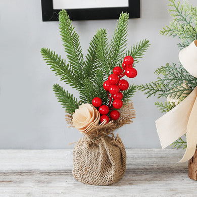 Mini Christmas Pine Tree Decoration - 10.24 Inches Tall with Red Berries and Burlap Base  (4 trees) - Santas Workshop Direct 