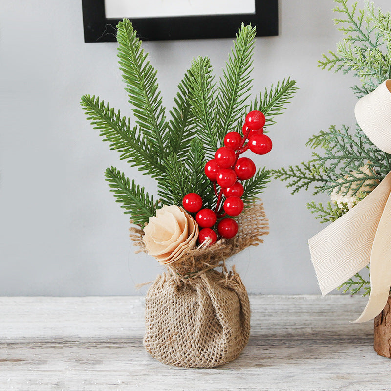 Mini Christmas Pine Tree Decoration - 10.24 Inches Tall with Red Berries and Burlap Base  (4 trees) - Santas Workshop Direct 