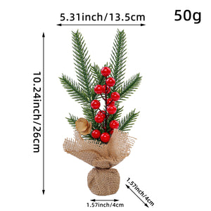 Mini Christmas Pine Tree Decoration - 10.24 Inches Tall with Red Berries and Burlap Base  (4 trees) - Santas Workshop Direct 