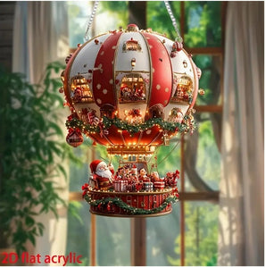 Red Whimsical Santa's Hot Air Balloon Ornament - 2D Flat Acrylic Hanging Decoration for Wall & Tree - Santas Workshop Direct 