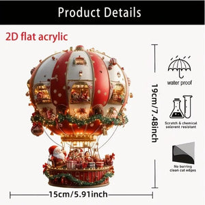 Red Whimsical Santa's Hot Air Balloon Ornament - 2D Flat Acrylic Hanging Decoration for Wall & Tree - Santas Workshop Direct 
