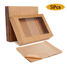 5 Pack Kraft Picnic & Grazing Boxes with Clear Window Lids and Paper Liners – 30 × 20 × 7 cm