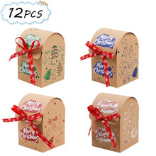 12/24pcs Christmas Kraft Paper Gift Boxes with Red Snowflake Ribbon, 4 Styles Merry Christmas Printed Mini Favor Boxes, Small Holiday Packaging Boxes for Christmas Eve Party Decor And Gift Giving