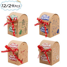 12/24pcs Christmas Kraft Paper Gift Boxes with Red Snowflake Ribbon, 4 Styles Merry Christmas Printed Mini Favor Boxes, Small Holiday Packaging Boxes for Christmas Eve Party Decor And Gift Giving