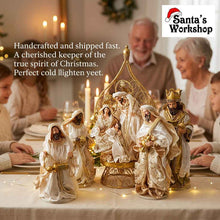 45cm Gold & White Holy Family Nativity Set in Gazebo – Handmade Christmas Religious Decoration with 3 Wise Men