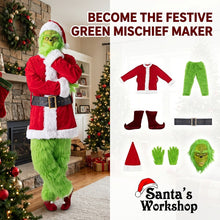 PRE ORDER Christmas Green Furry Monster Santa Costume for Men 6pcs Deluxe Adult Santa Suit Xmas Holiday Outfit Set