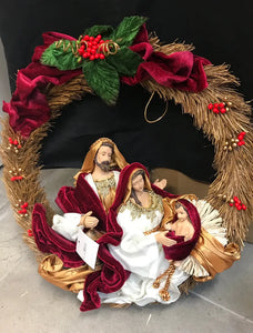 14 Red Gold Christmas Wreath with Holy Family -36cm Santas Workshop Direct