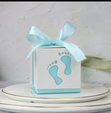 Blue Laser cut baby foot print Favour Boxes/ Gender  Reaveal favour box Santas Workshop Direct