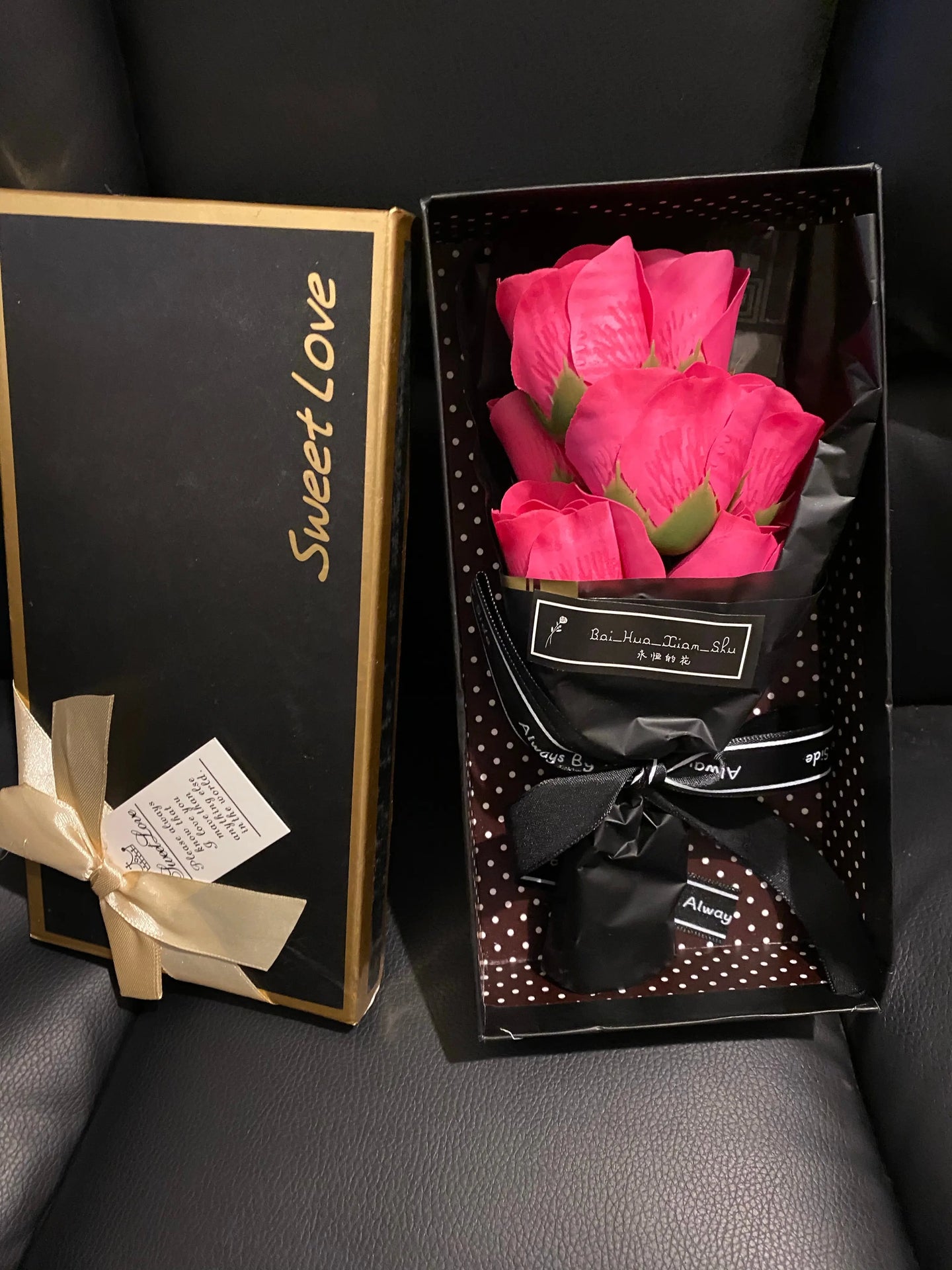 Dark  Pink Soap Flowers  Black Gift box / Valentines Day / Mothers Day / Birthday / Anniversary Santas Workshop Direct