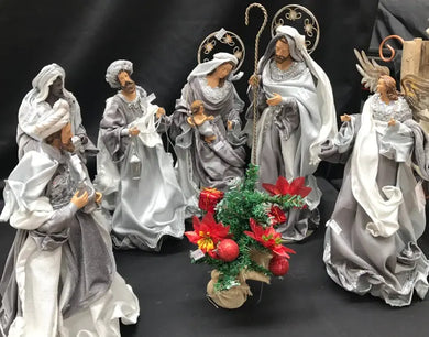 PRE ORDER Silver and white   Christmas Holy Family Nativity set / scene with manger  -35-50cm Santas Workshop Direct